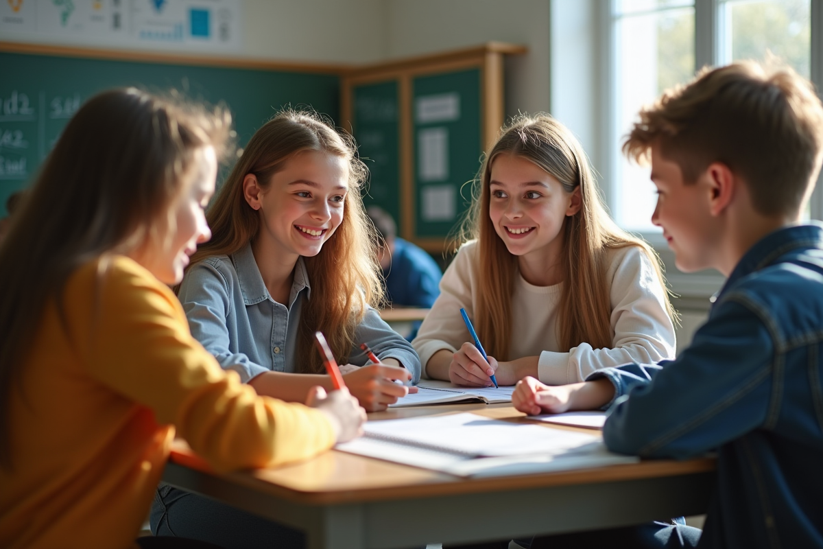 Groupe de lycéens travaillant ensemble en classe lumineuse