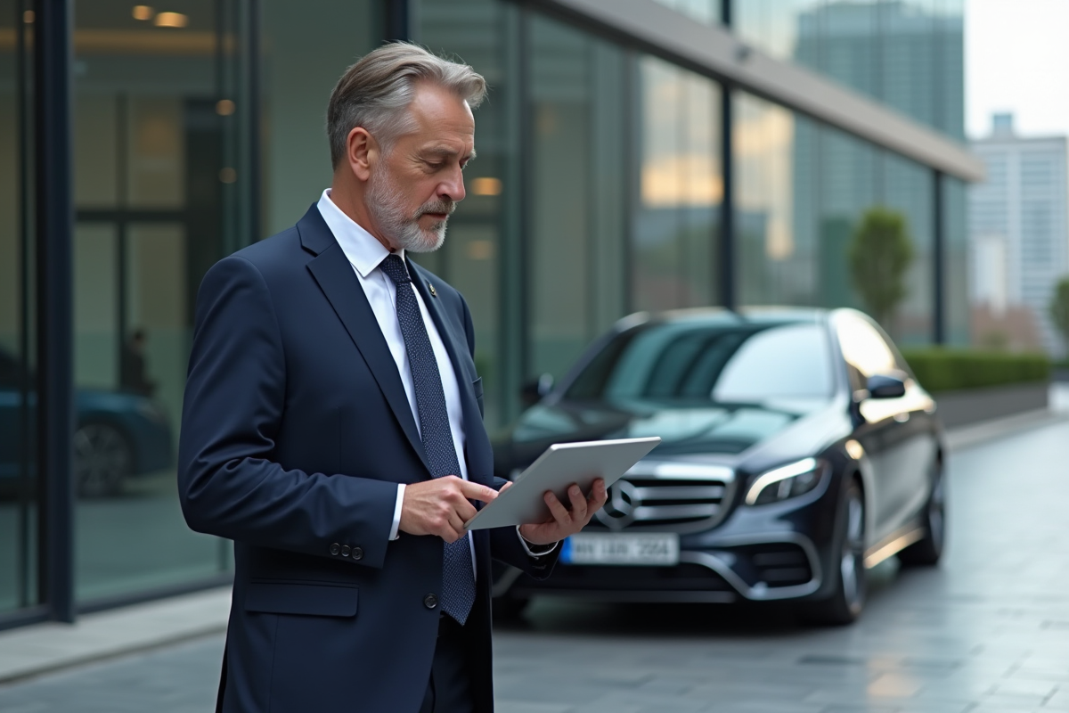 Homme d'affaires en costume navy devant une voiture de luxe