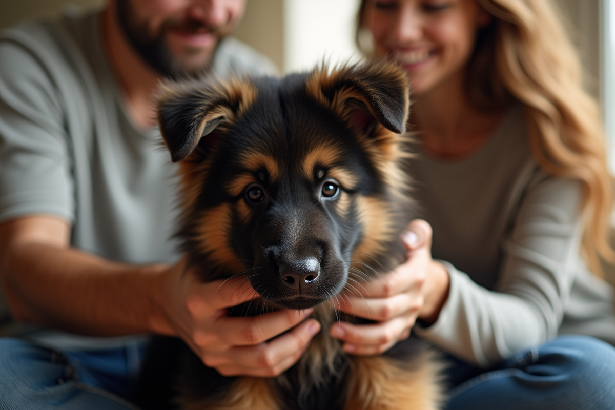 Famille tenant doucement un chiot berger allemand en intérieur