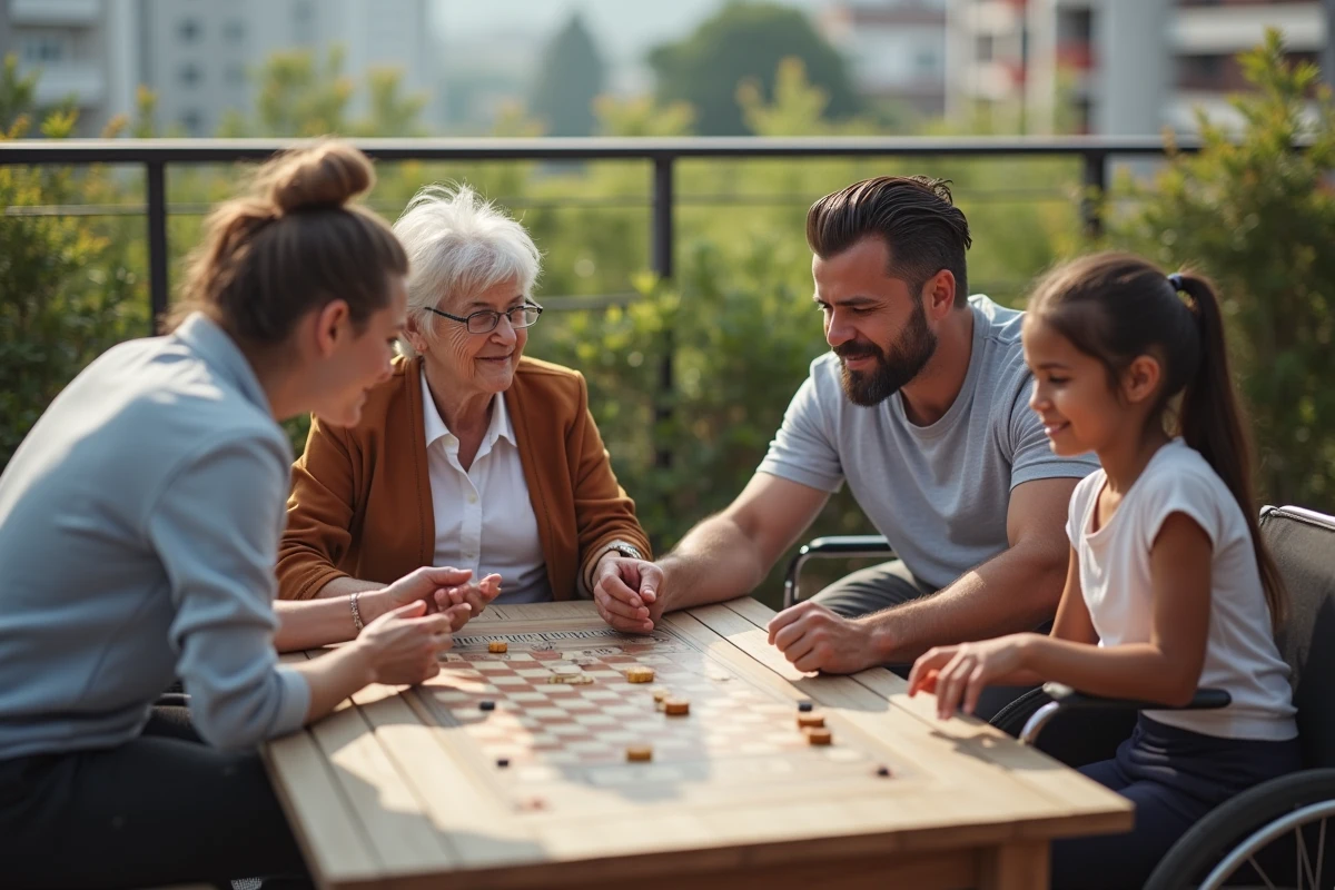 Famille recomposée jouant à un jeu de société en extérieur