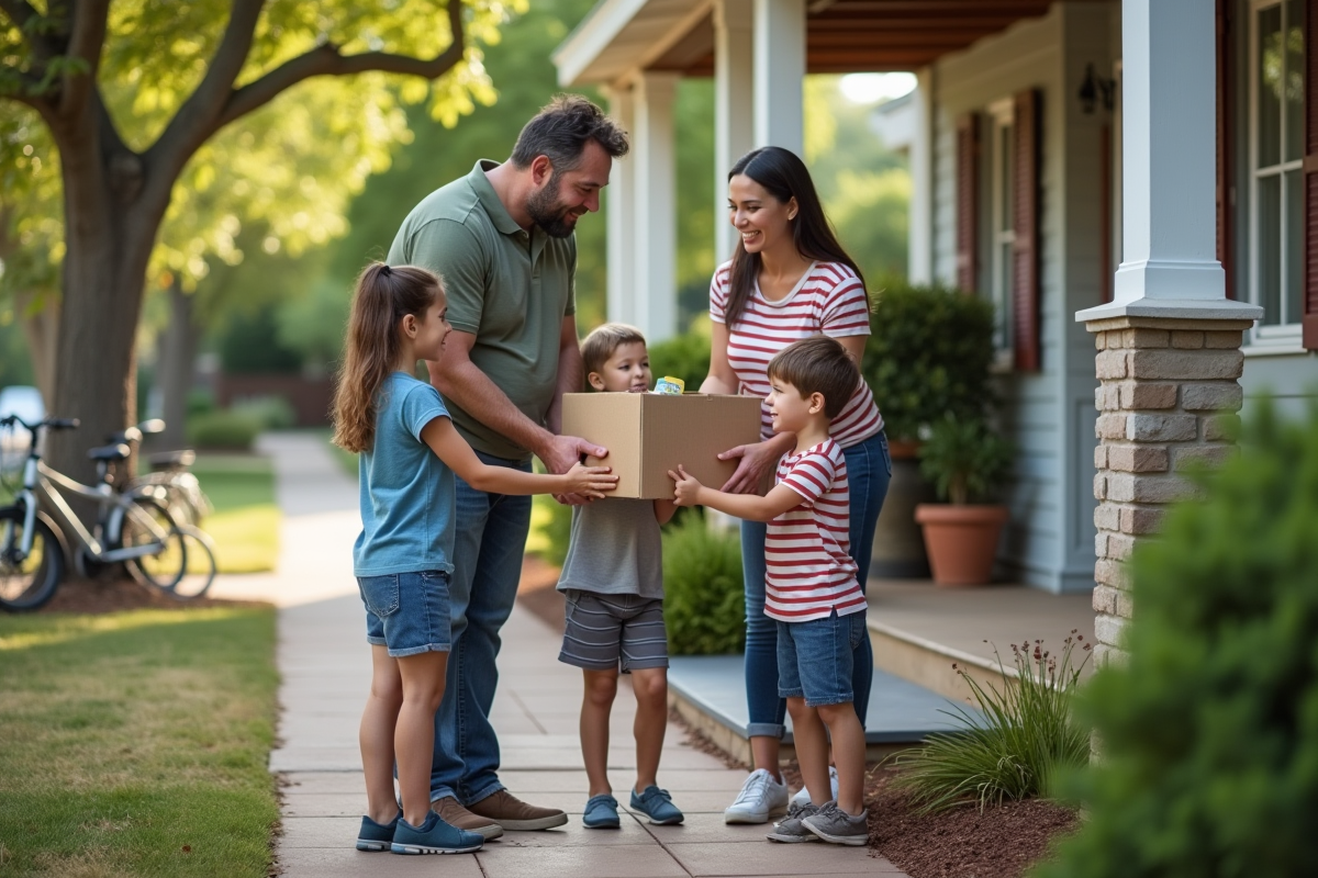 Famille donnant des courses à une voisine devant sa maison