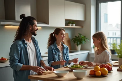 Famille moderne en 2025 partageant un repas dans la cuisine