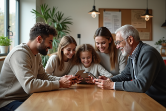 Famille multigenerations autour d'une table avec smartphones