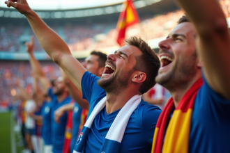 Supporters passionnes dans un stade de football avec drapeaux