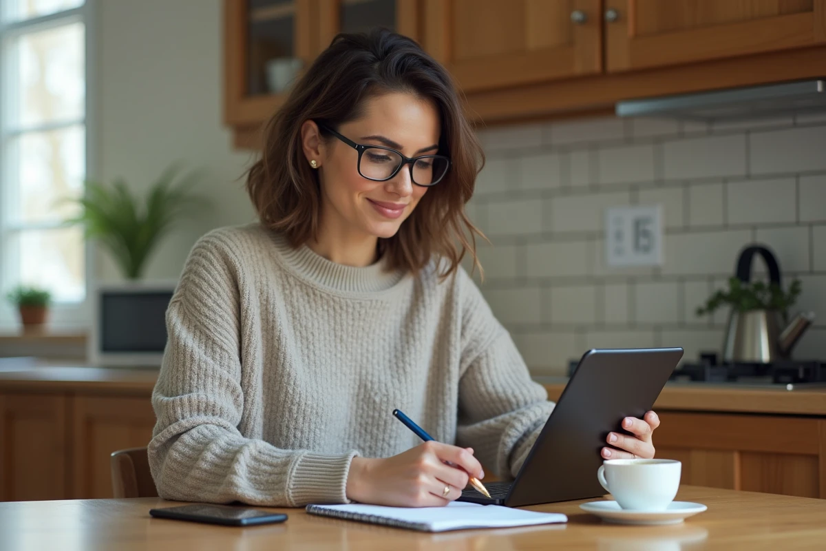 Femme en cuisine consultant un guide technique sur tablette