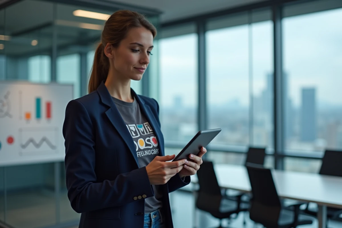 Femme d affaires analysant des données sur une tablette dans une salle de réunion
