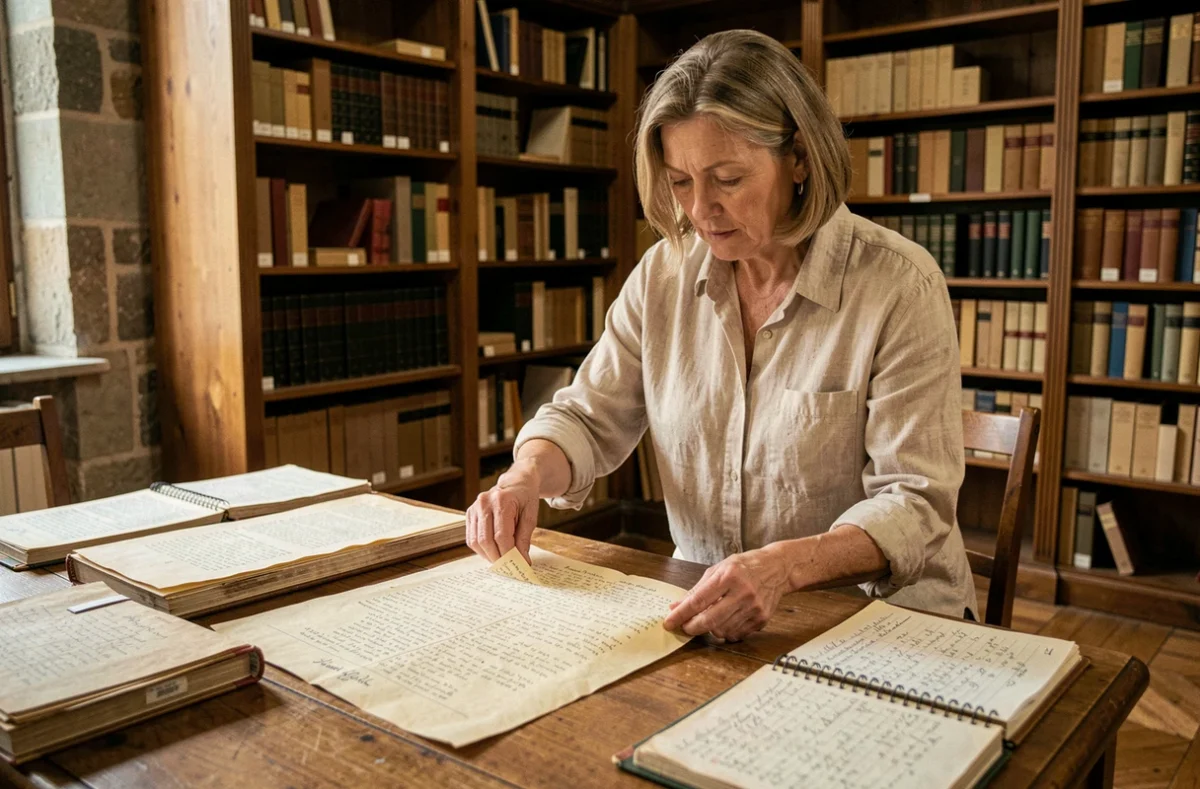 Femme consultant des archives généalogiques anciennes dans une salle d'archives municipale avec des registres paroissiaux sur une table en bois
