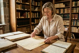 Femme consultant des archives généalogiques anciennes dans une salle d'archives municipale avec des registres paroissiaux sur une table en bois