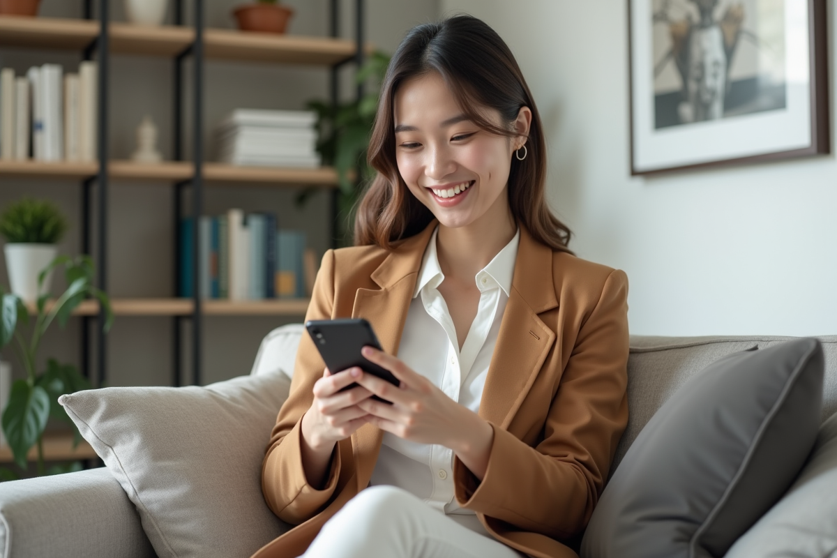 Jeune femme utilisant son smartphone bancaire à la maison