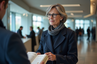 Femme française au guichet bancaire moderne