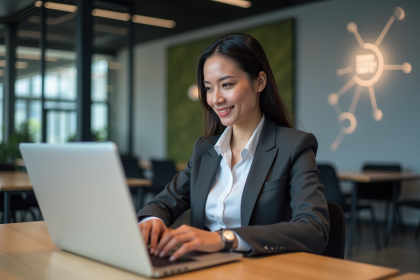 Jeune femme en coworking travaillant sur son ordinateur