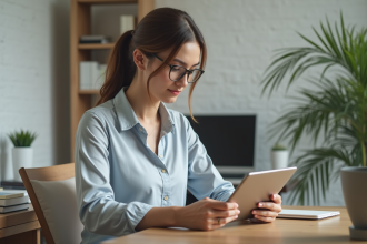 Femme en bureau moderne concentrée sur une tablette
