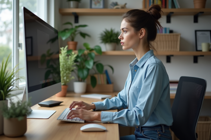 Femme travaillant sur un ordinateur dans un bureau à domicile