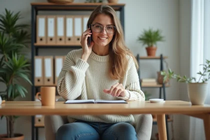 Femme au bureau parlant au smartphone dans un espace lumineux