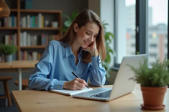 Jeune femme au bureau avec ordinateur et notes