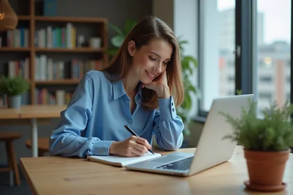 Jeune femme au bureau avec ordinateur et notes