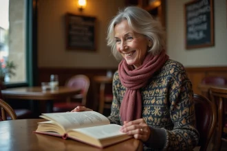 Femme souriante dans un café parisien avec un livre de citations françaises