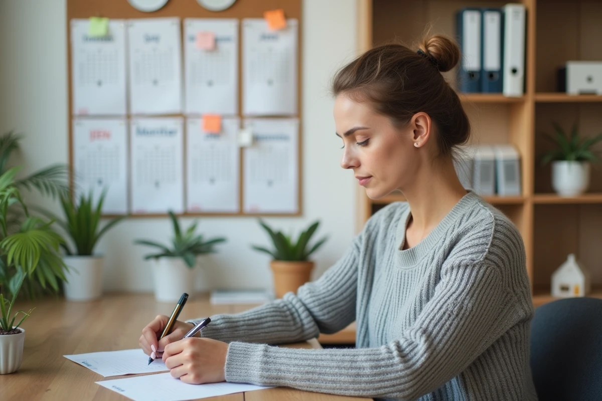 Femme qui écrit sur un calendrier mural 2026 par mois dans un bureau à domicile organisé