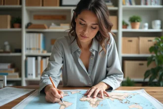 Femme mesurant une carte du monde imprimée sur un bureau en bois avec une règle transparente et un crayon à papier