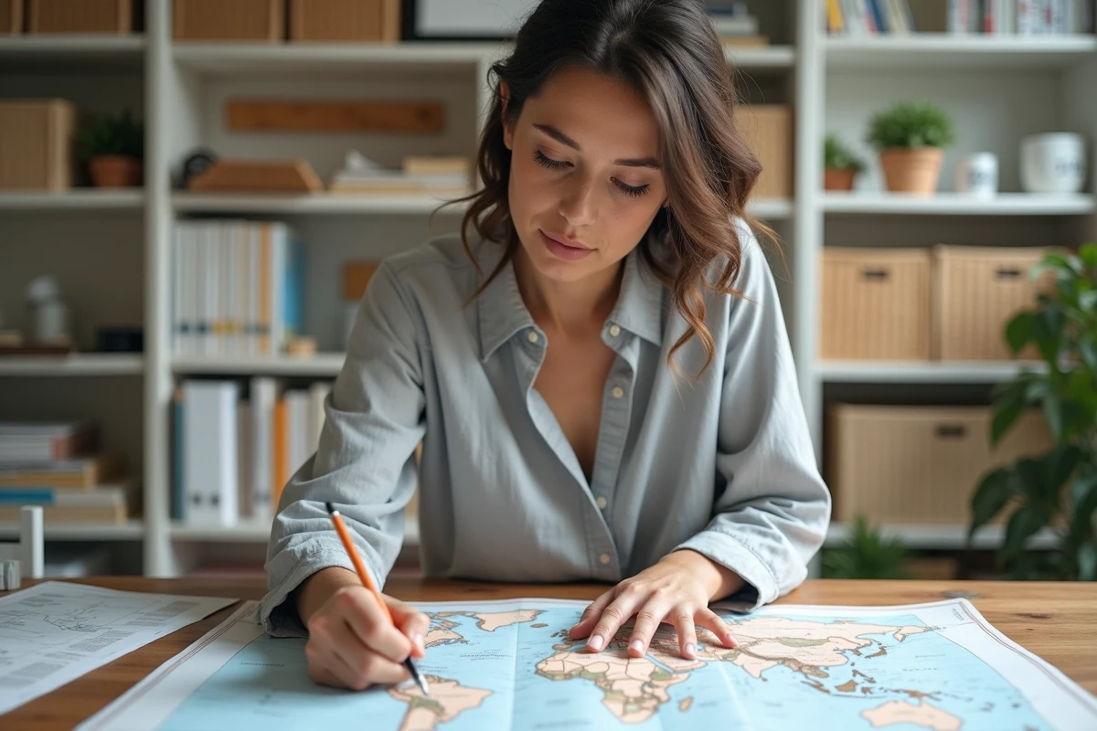 Femme mesurant une carte du monde imprimée sur un bureau en bois avec une règle transparente et un crayon à papier