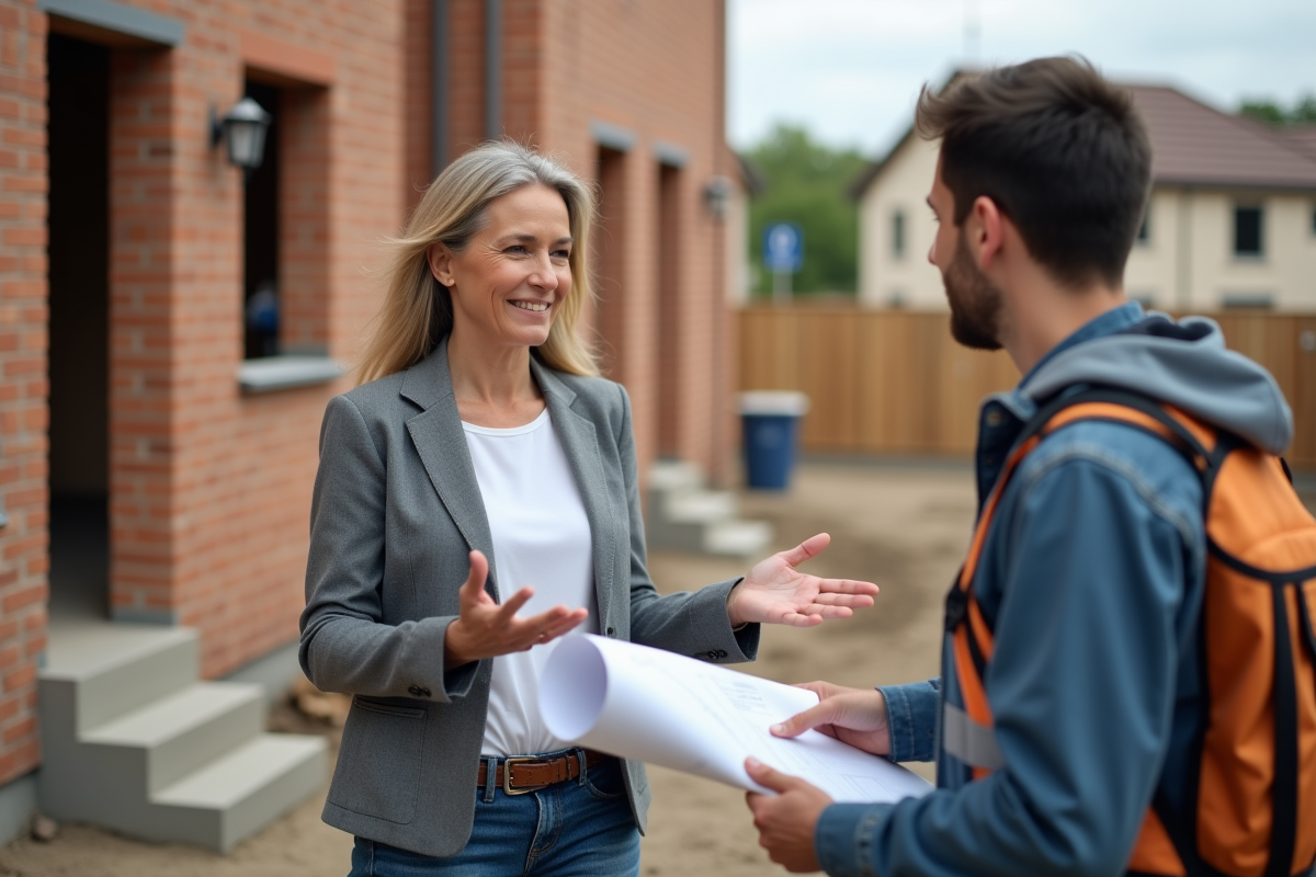 Femme explique des plans de construction à un jeune homme sur un chantier