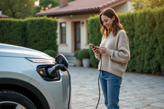 Femme débranchant une voiture électrique dans une cour résidentielle