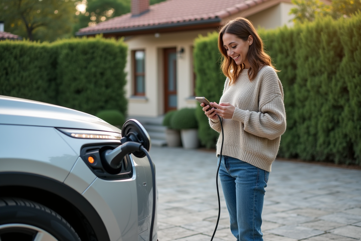Femme débranchant une voiture électrique dans une cour résidentielle