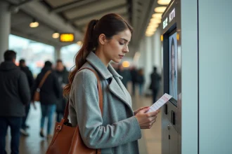 Femme vérifiant une check-list devant un photomaton dans une gare avant de payer pour 4 photos d'identité