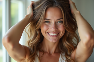 Femme souriante avec cheveux brillants et sains