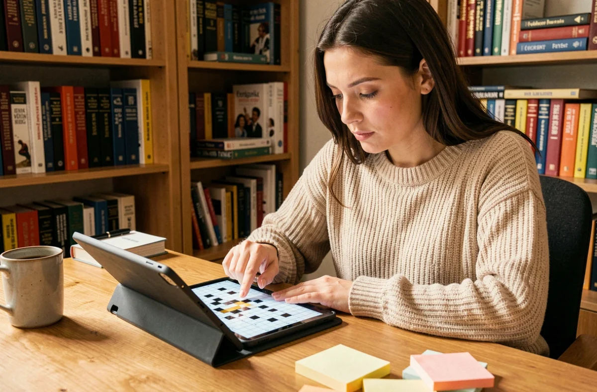 Femme résolvant un mot du jour Codycross sur une tablette dans un bureau à domicile entouré de dictionnaires