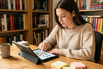 Femme résolvant un mot du jour Codycross sur une tablette dans un bureau à domicile entouré de dictionnaires