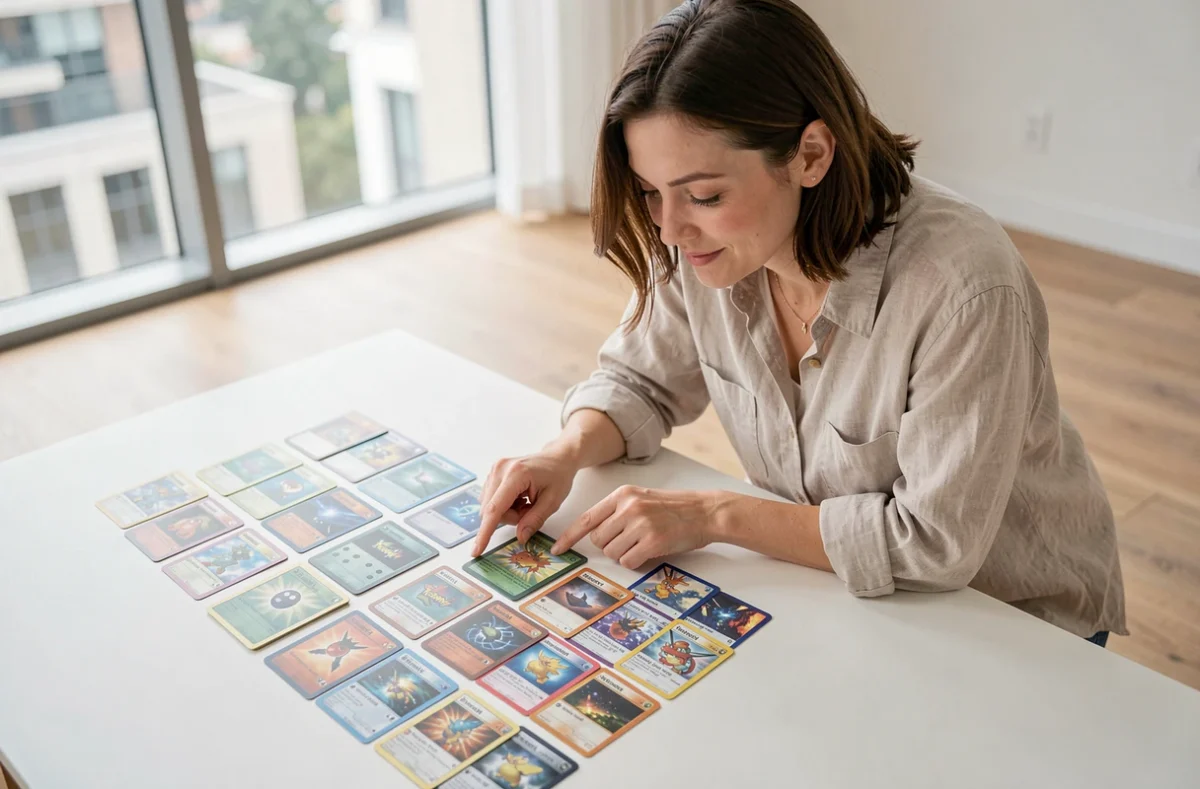 Femme adulte triant et organisant une collection de cartes Pokémon rares sur une table blanche dans un appartement moderne