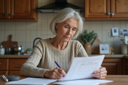 Femme de 50 ans avec documents dans une cuisine française