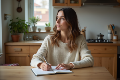 Femme assise à la cuisine en train d'écrire dans un journal