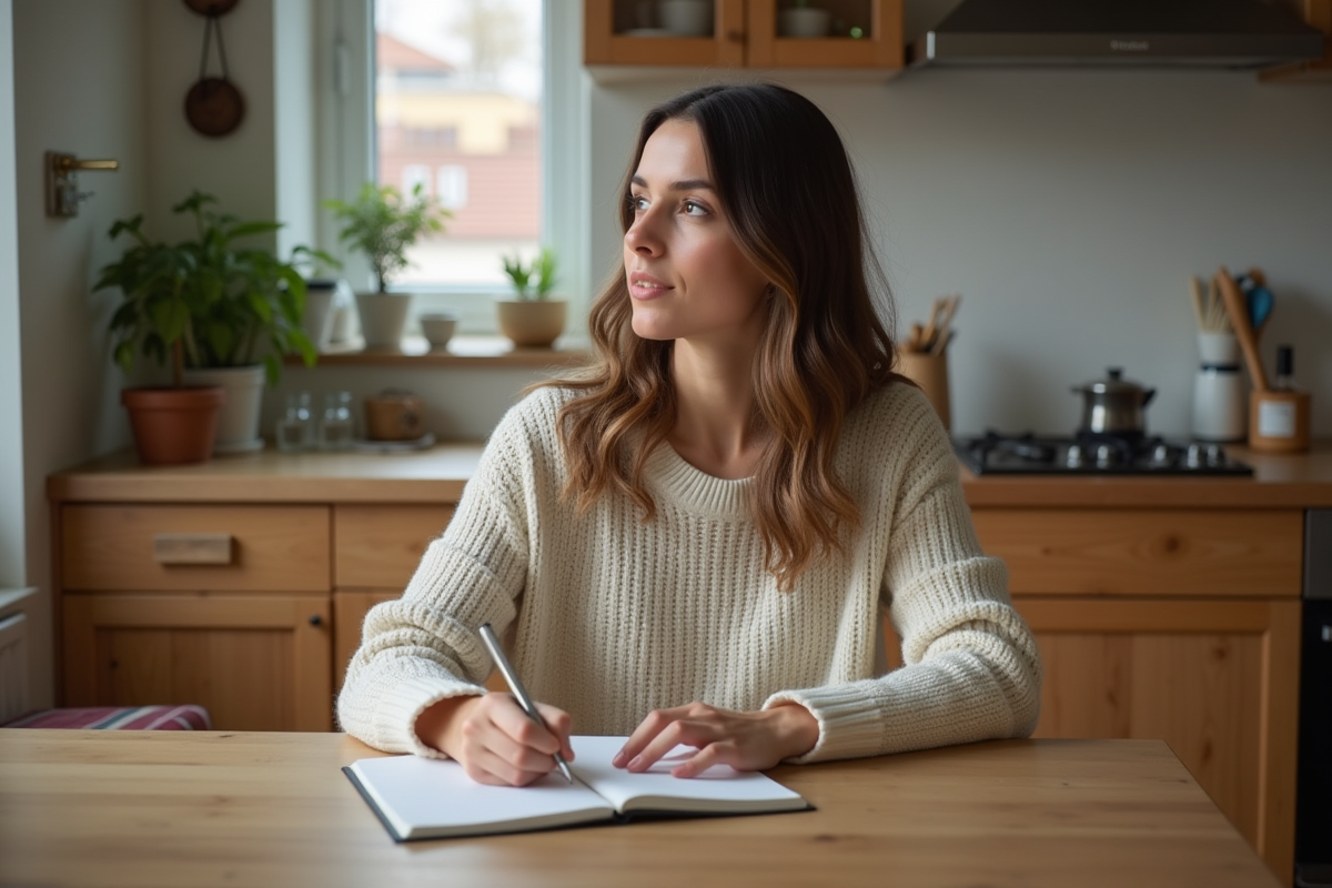Femme assise à la cuisine en train d'écrire dans un journal