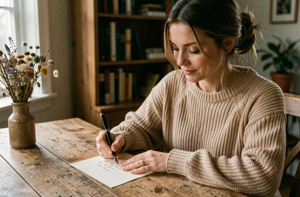 Femme écrivant un petit mot d'amour manuscrit pour l'anniversaire de son couple