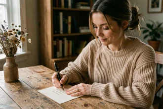Femme écrivant un petit mot d'amour manuscrit pour l'anniversaire de son couple