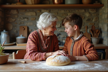 Femme âgée et enfant en costumes traditionnels français préparant du pain