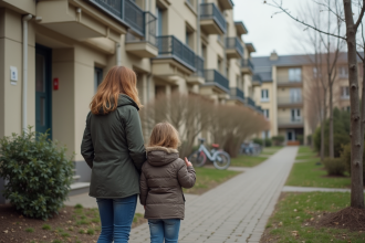 Femme et fille devant un immeuble HLM français