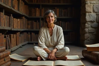 Femme étudiant des manuscrits anciens et des livres sacrés dans une salle d'archives historique