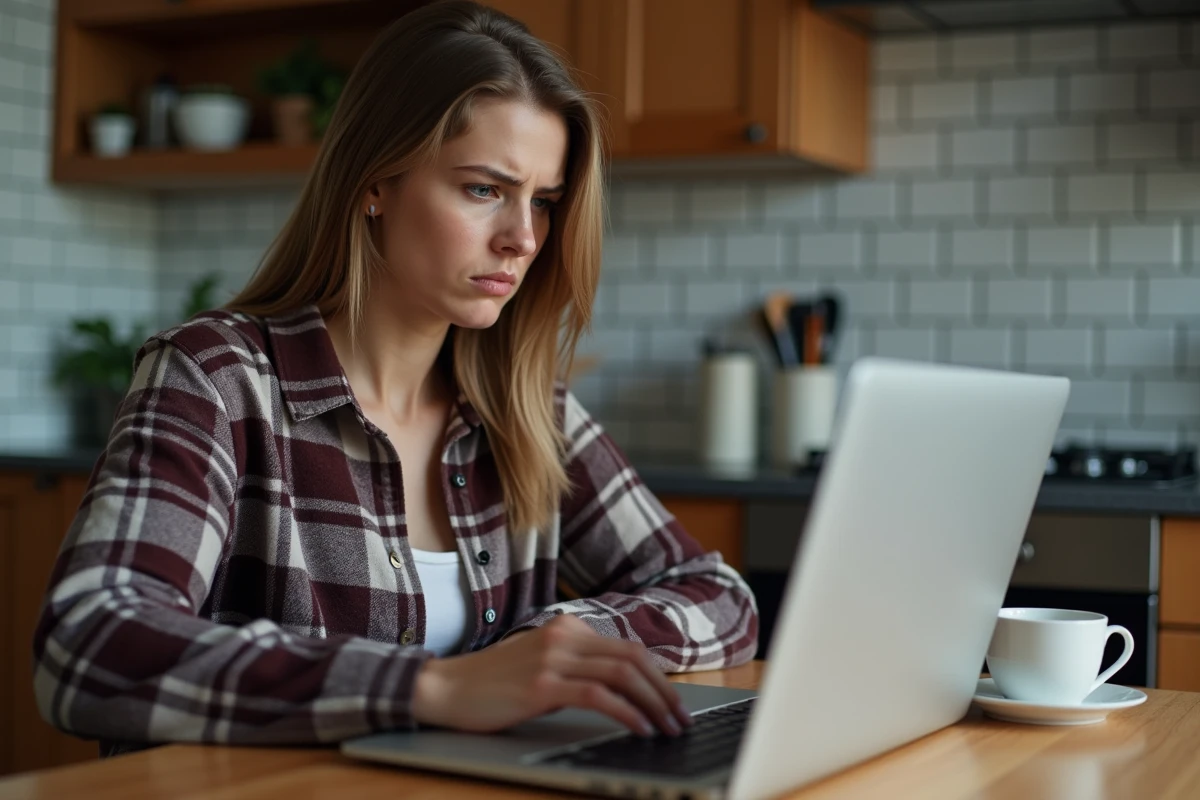 Femme regardant son ordinateur dans une cuisine chaleureuse