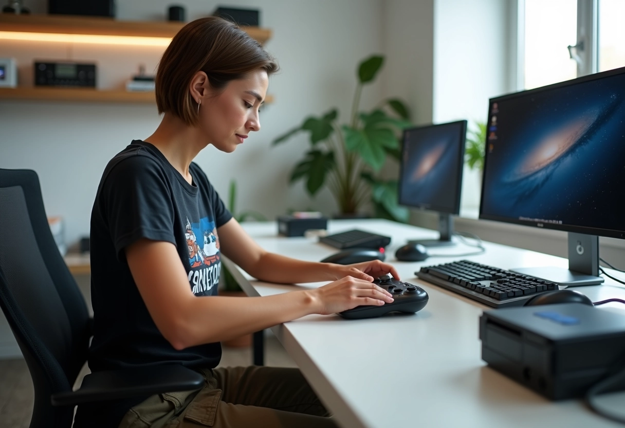 Femme manipulant console de jeu rétro dans un bureau lumineux