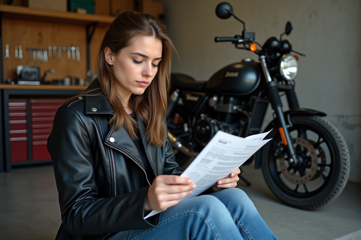 Jeune femme dans un garage révisant sa moto avec manuel
