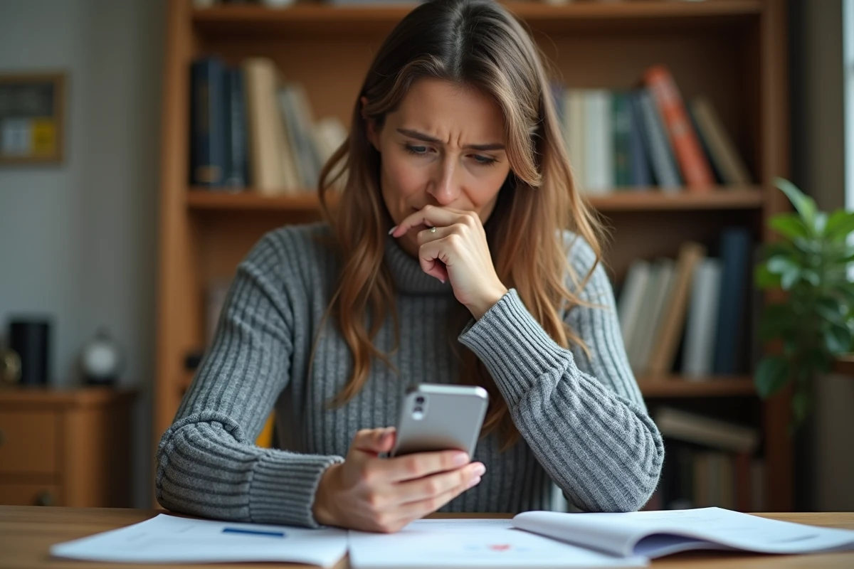 Femme stressée regardant son téléphone avec une expression inquiète, illustrant le harcèlement téléphonique et le numéro 0377