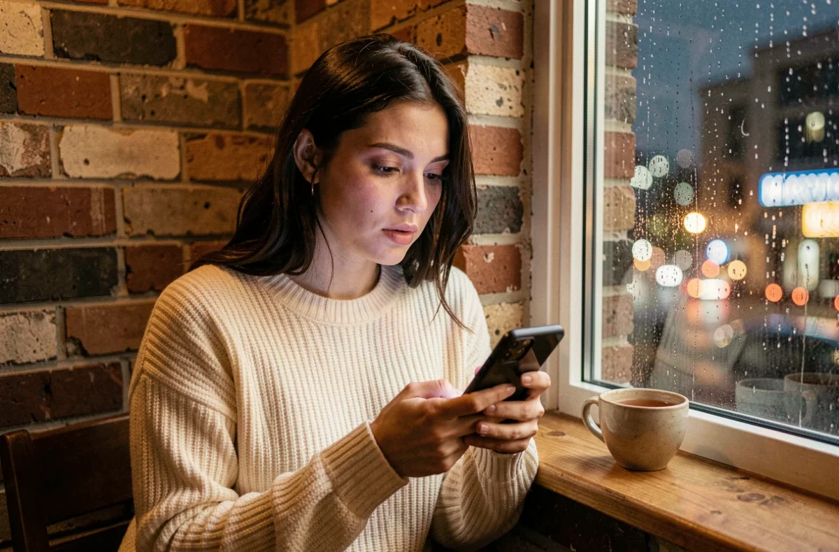 Jeune femme contemplant l'heure miroir 21h21 sur son téléphone près d'une fenêtre pluvieuse de nuit
