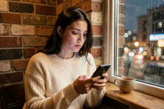 Jeune femme contemplant l'heure miroir 21h21 sur son téléphone près d'une fenêtre pluvieuse de nuit