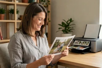Femme examinant une photo imprimée avec satisfaction devant une imprimante photo sur un bureau en bois