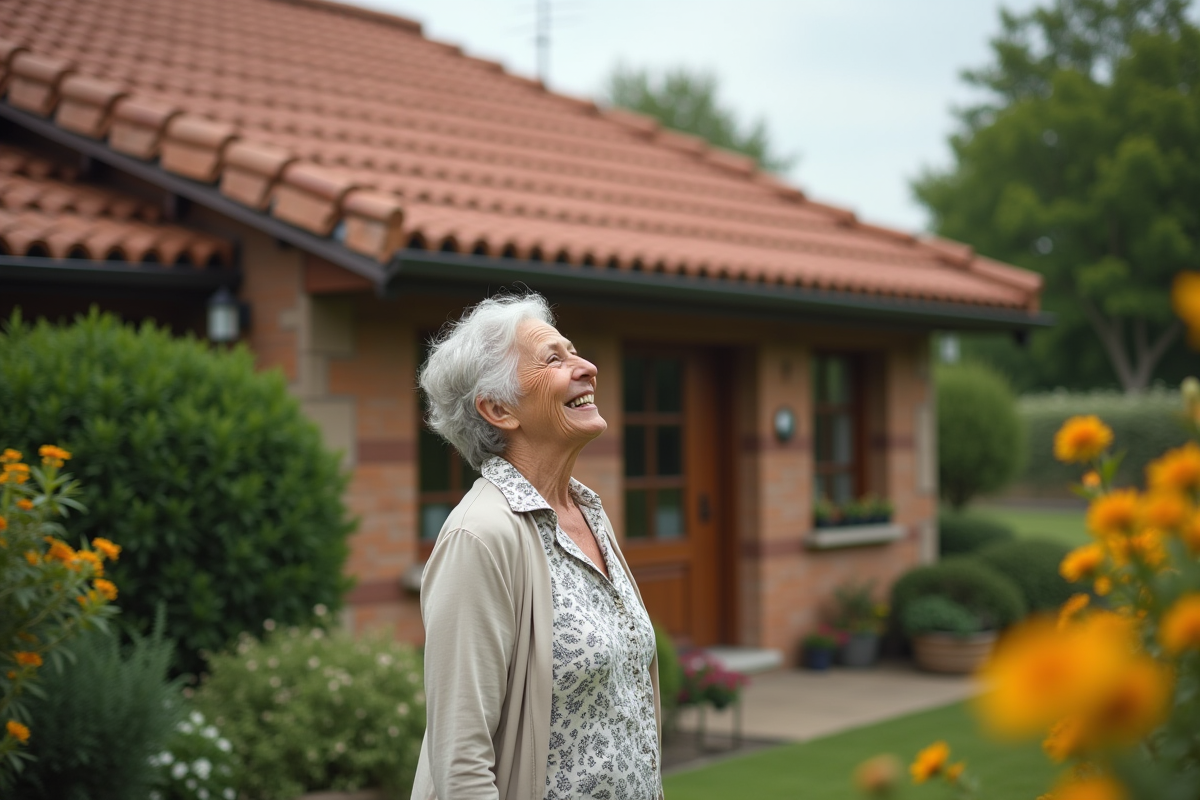 Femme âgée admire son toit rénové avec des tuiles romaines