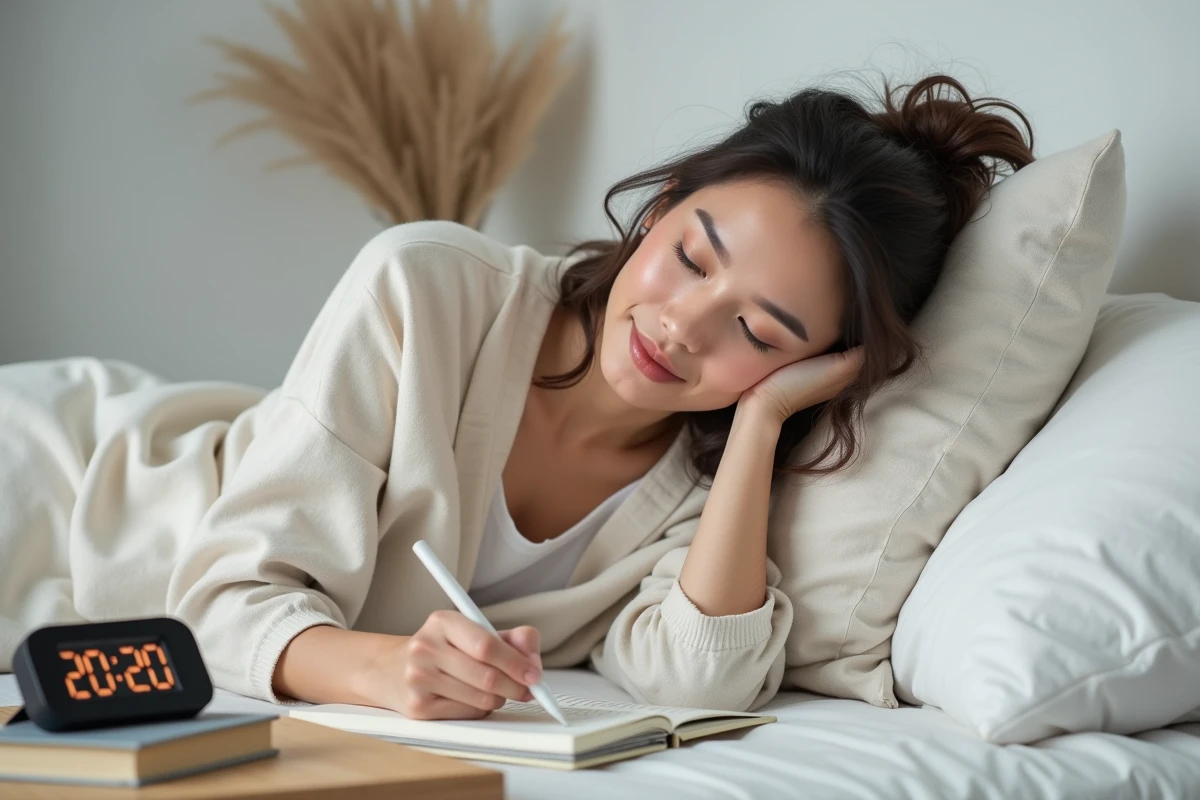 Femme écrivant dans un journal intime avec une horloge affichant 20h20 sur la table de nuit, illustrant la réflexion sur l'heure miroir en amour