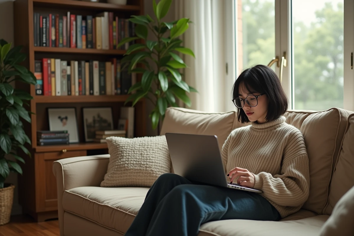Femme lisant manga sur un ordinateur dans un salon cosy